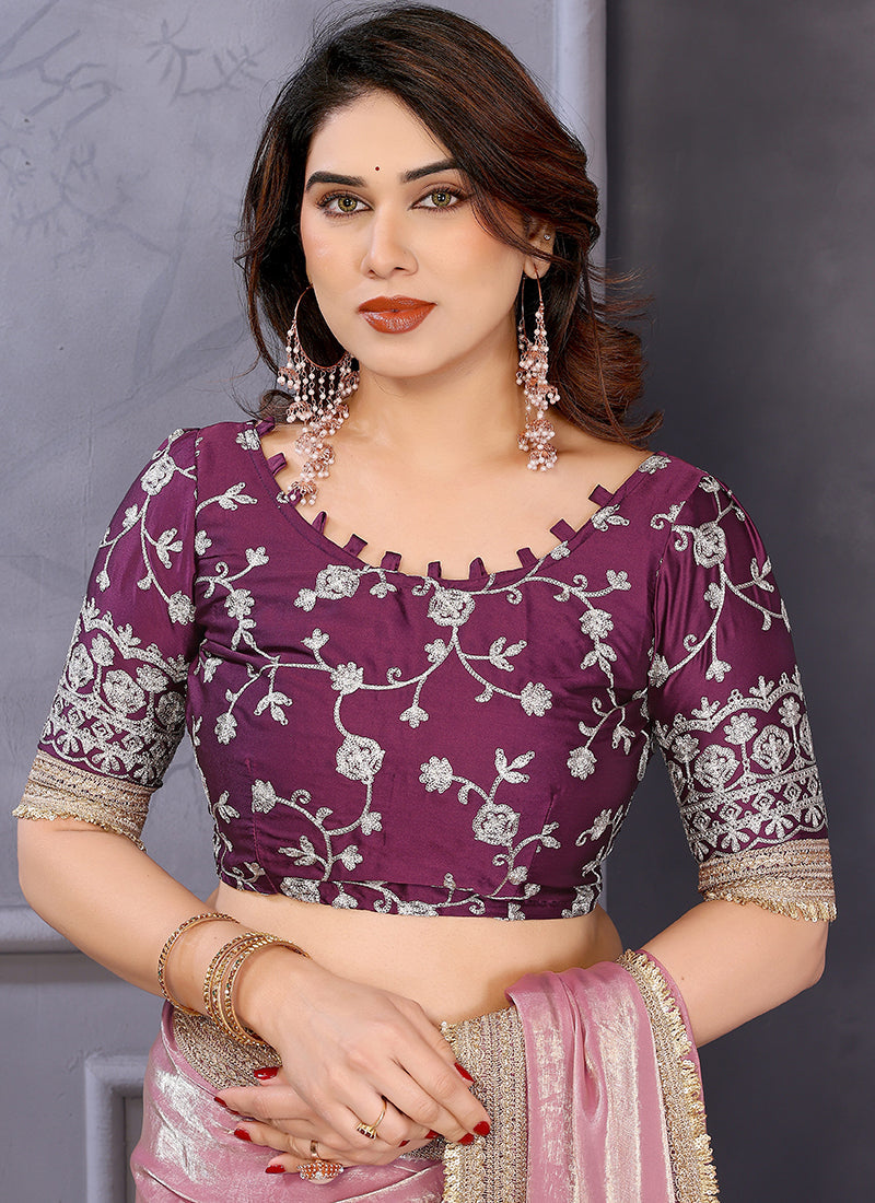 Vellora Pink Fandy Satin Designer Embroidery Work Saree - Distacart