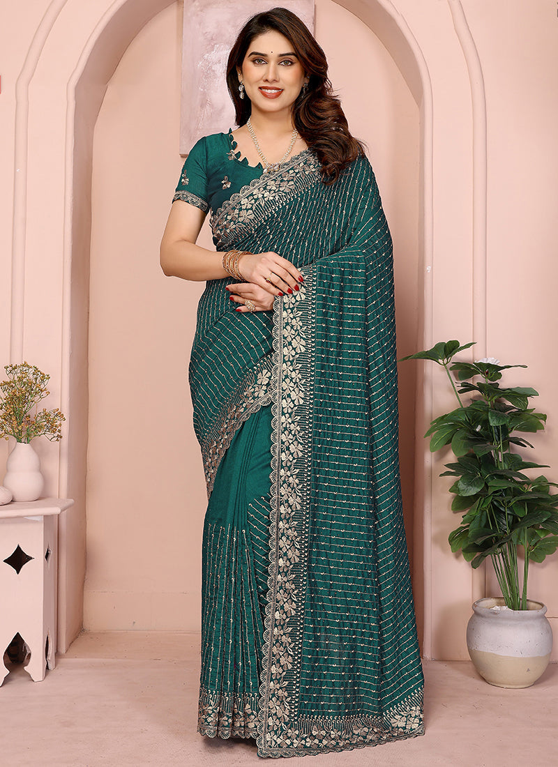 Vellora Green Vichitra Zari Embroidery Work Saree - Distacart
