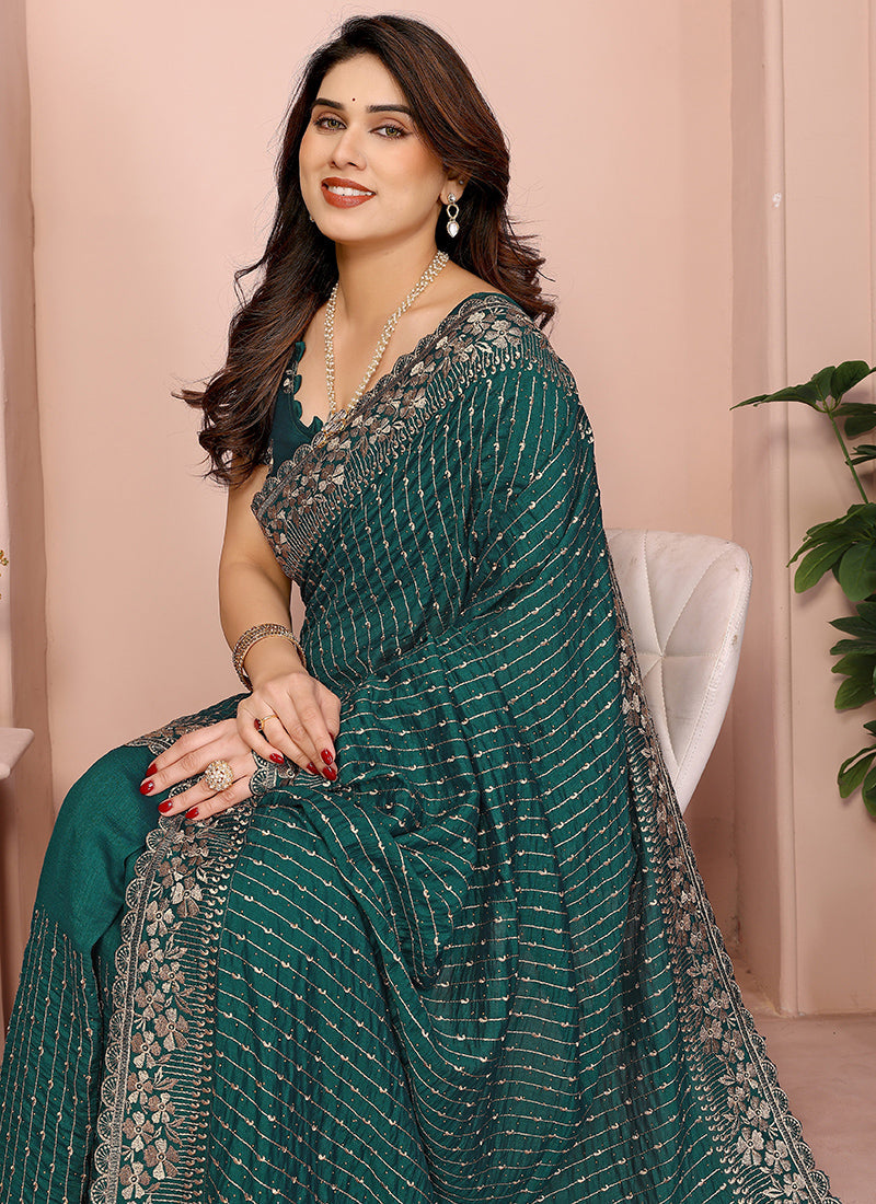 Vellora Green Vichitra Zari Embroidery Work Saree - Distacart