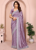 Vellora Dusty Pink Vichitra Embroidery Work Designer Saree - Distacart