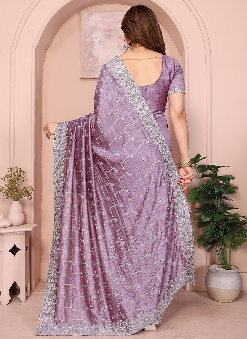 Vellora Dusty Pink Vichitra Embroidery Work Designer Saree - Distacart