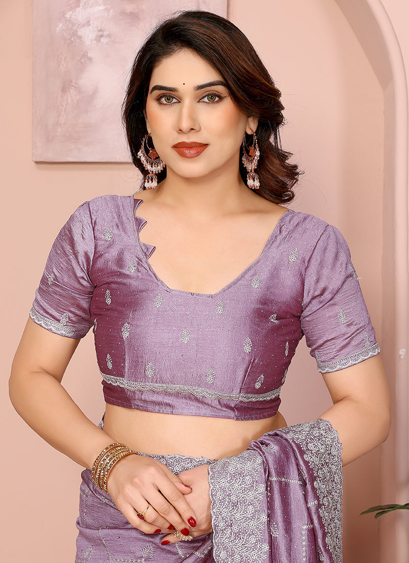 Vellora Dusty Pink Vichitra Embroidery Work Designer Saree - Distacart