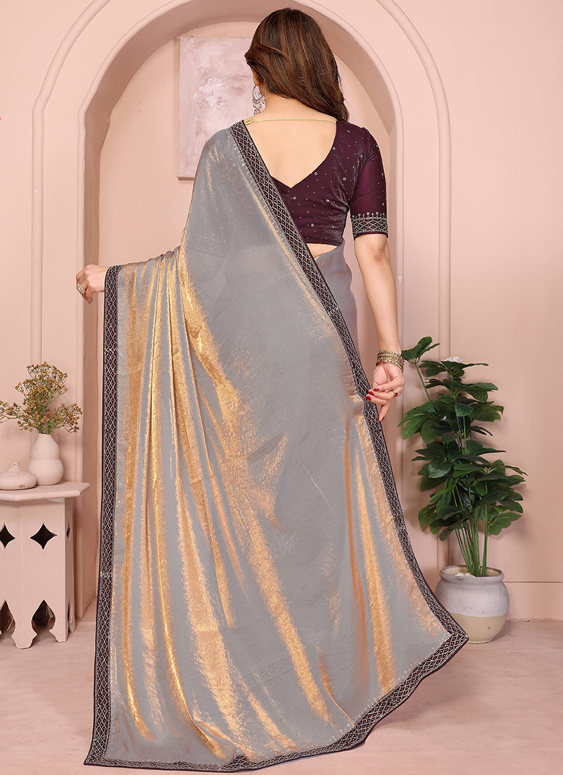 Vellora Grey Fandy Satin Border Work Festival Wear Saree - Distacart