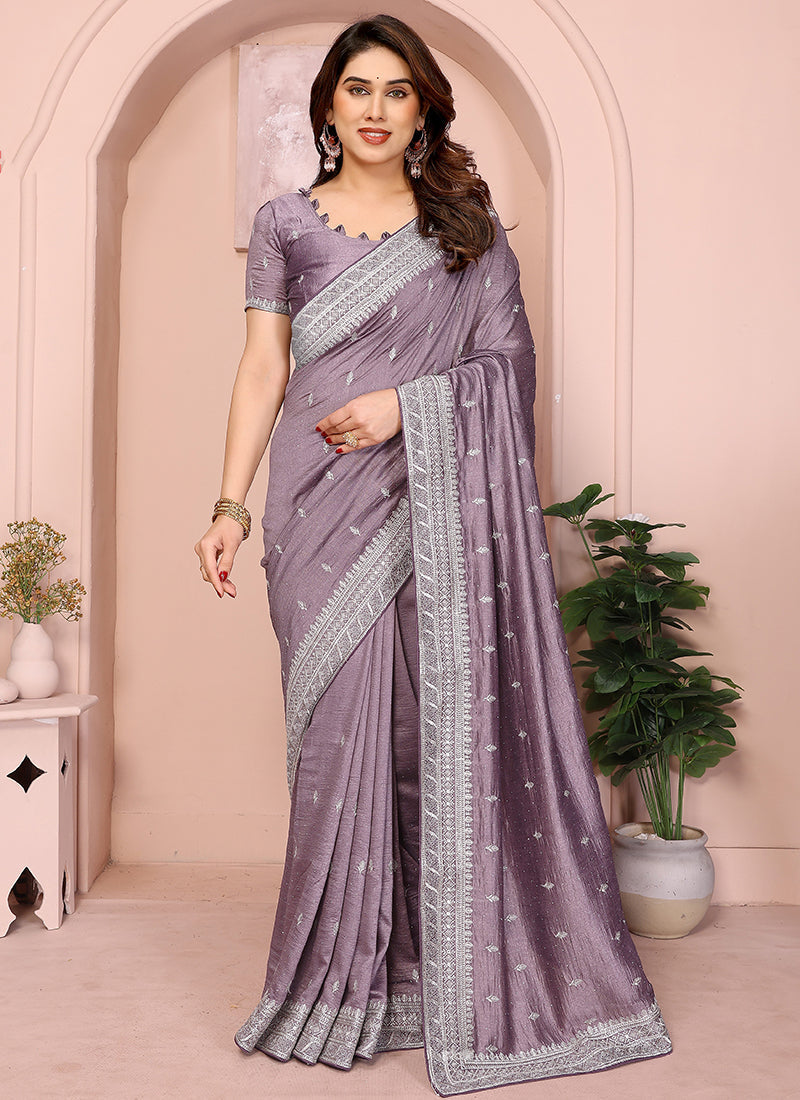 Vellora Lavender Vichitra Embroidery Work Festival Wear Saree - Distacart