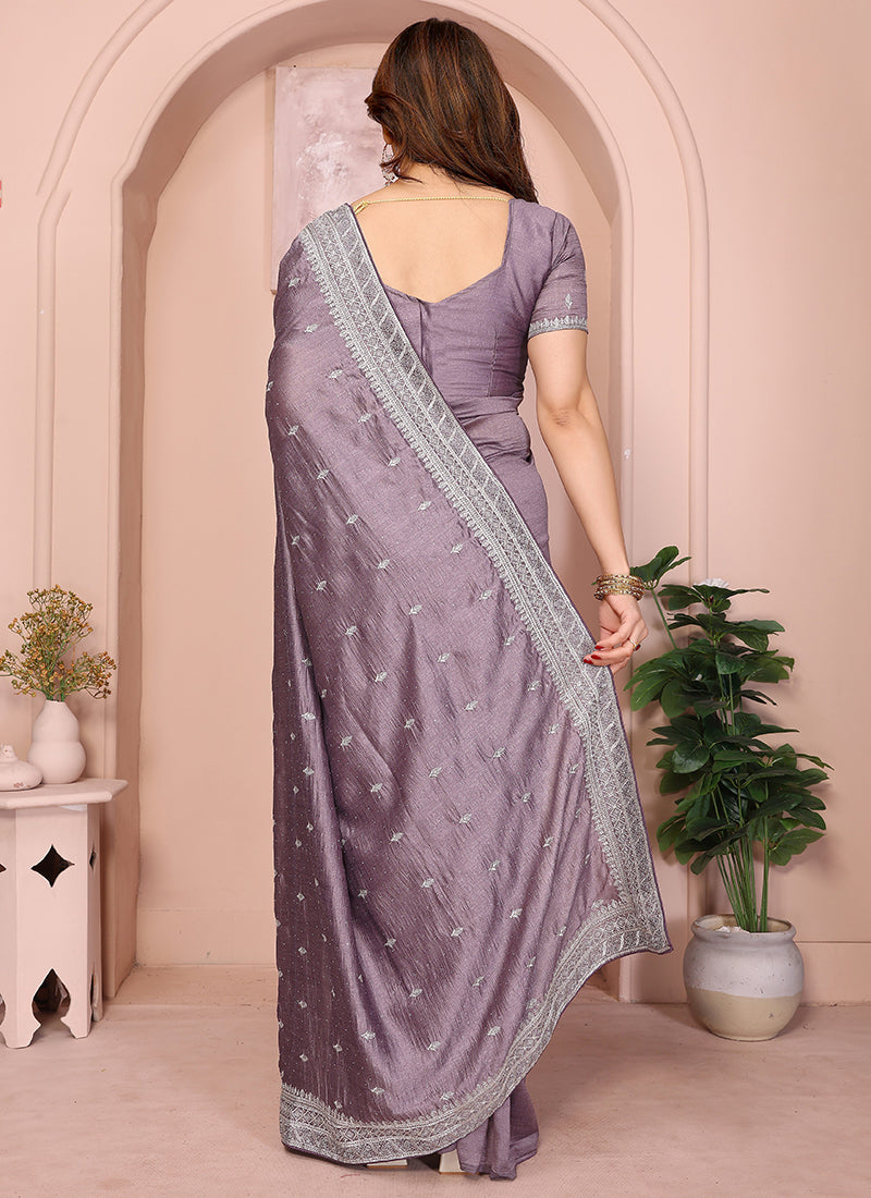 Vellora Lavender Vichitra Embroidery Work Festival Wear Saree - Distacart