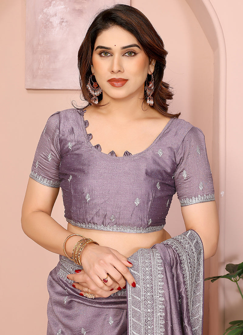 Vellora Lavender Vichitra Embroidery Work Festival Wear Saree - Distacart