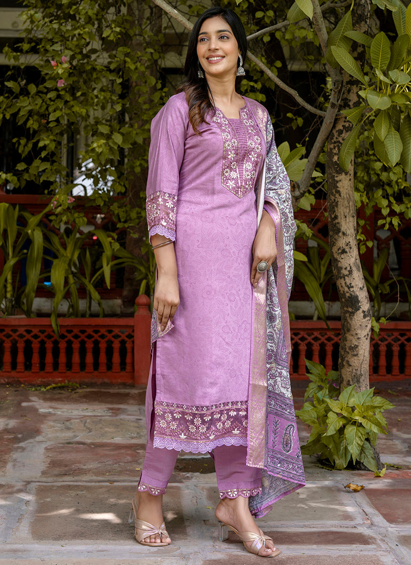 Vellora Silk Blend Lavender Casual Wear Embroidery Work Readymade Salwar Suit - Distacart
