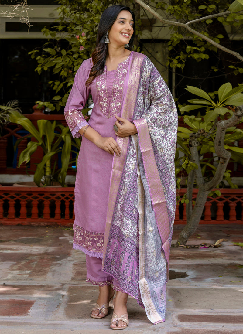 Vellora Silk Blend Lavender Casual Wear Embroidery Work Readymade Salwar Suit - Distacart