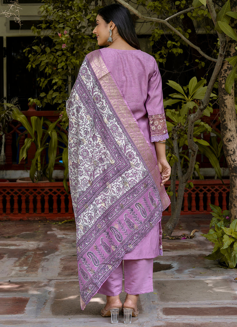 Vellora Silk Blend Lavender Casual Wear Embroidery Work Readymade Salwar Suit - Distacart