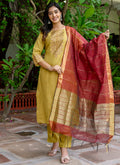 Vellora Cotton Blend Mustard Yellow Casual Wear Foil Print Work Readymade Salwar Suit - Distacart