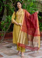 Vellora Cotton Blend Mustard Yellow Casual Wear Foil Print Work Readymade Salwar Suit - Distacart