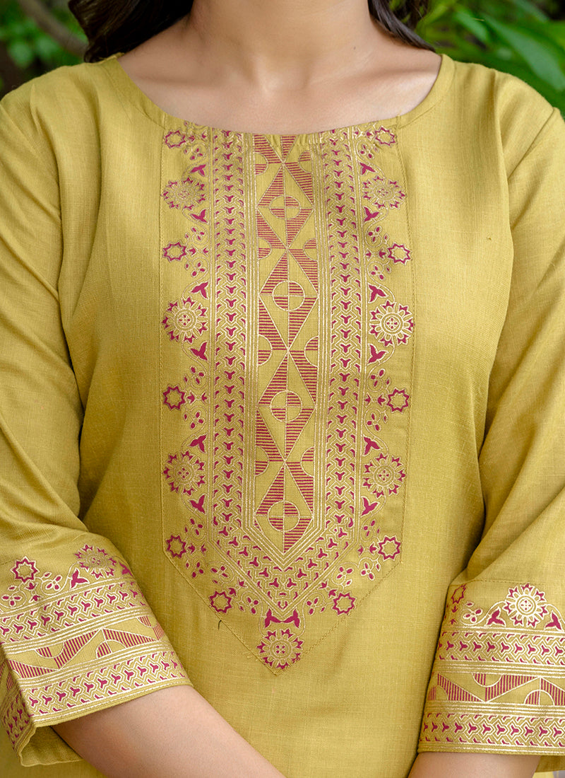 Vellora Cotton Blend Mustard Yellow Casual Wear Foil Print Work Readymade Salwar Suit - Distacart