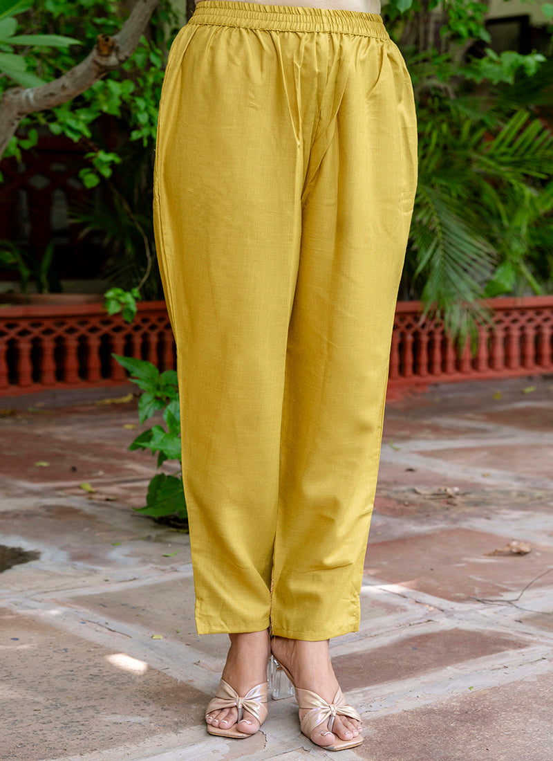 Vellora Cotton Blend Mustard Yellow Casual Wear Foil Print Work Readymade Salwar Suit - Distacart