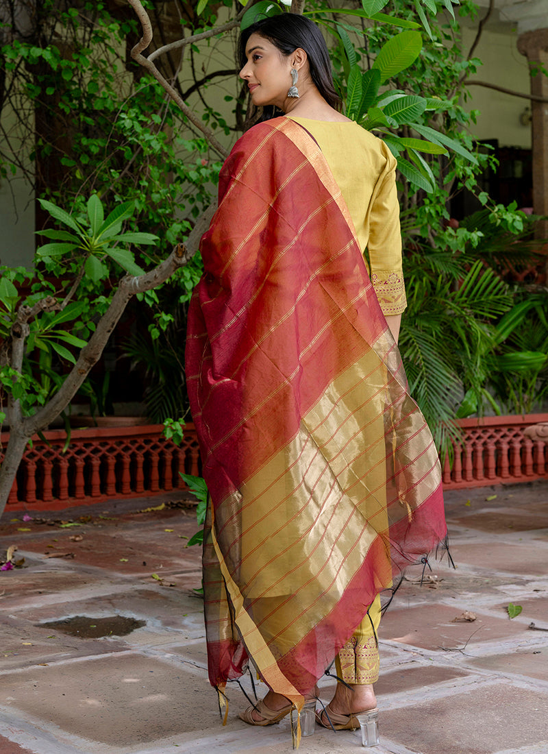 Vellora Cotton Blend Mustard Yellow Casual Wear Foil Print Work Readymade Salwar Suit - Distacart