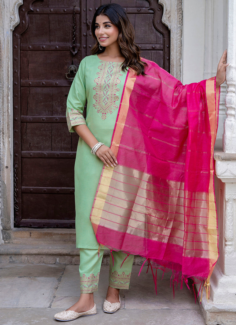 Vellora Cotton Blend Pista Casual Wear Foil Print Work Readymade Salwar Suit - Distacart