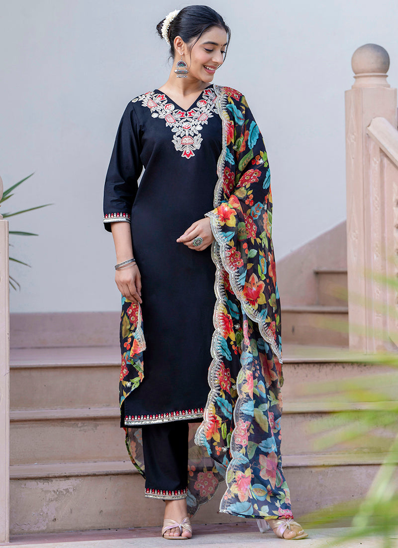 Vellora Silk Blend Black Casual Wear Embroidery Work Readymade Salwar Suit - Distacart