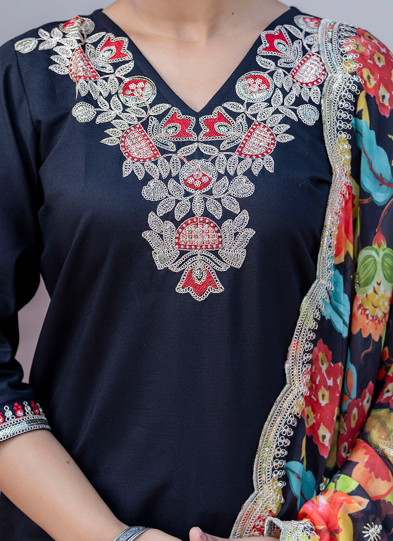 Vellora Silk Blend Black Casual Wear Embroidery Work Readymade Salwar Suit - Distacart