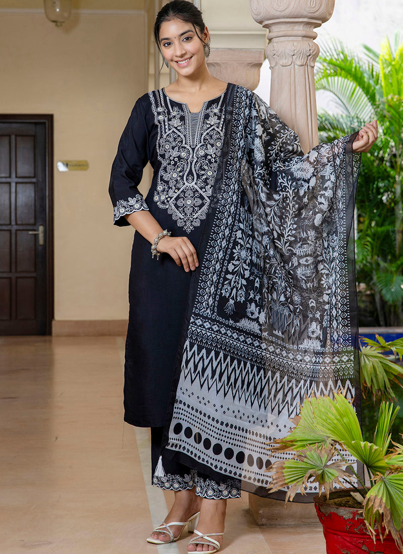 Vellora Silk Blend Black Casual Wear Embroidery Work Readymade Salwar Suit - Distacart
