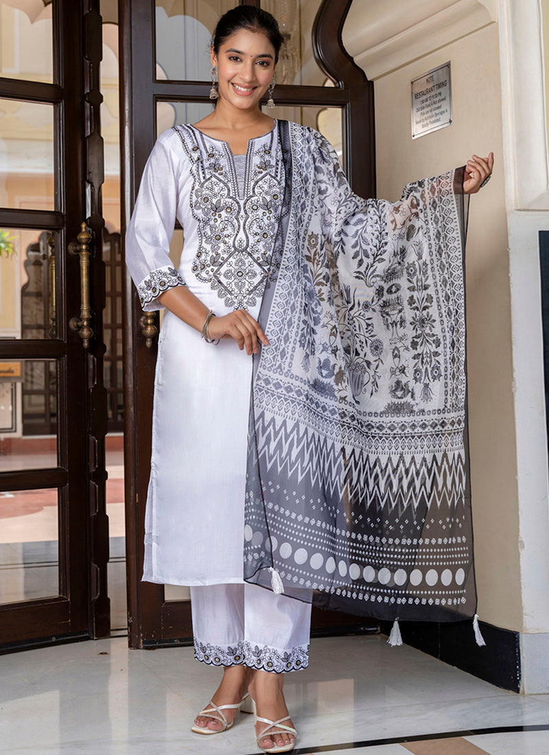 Vellora Silk Blend White Casual Wear Embroidery Work Readymade Salwar Suit - Distacart