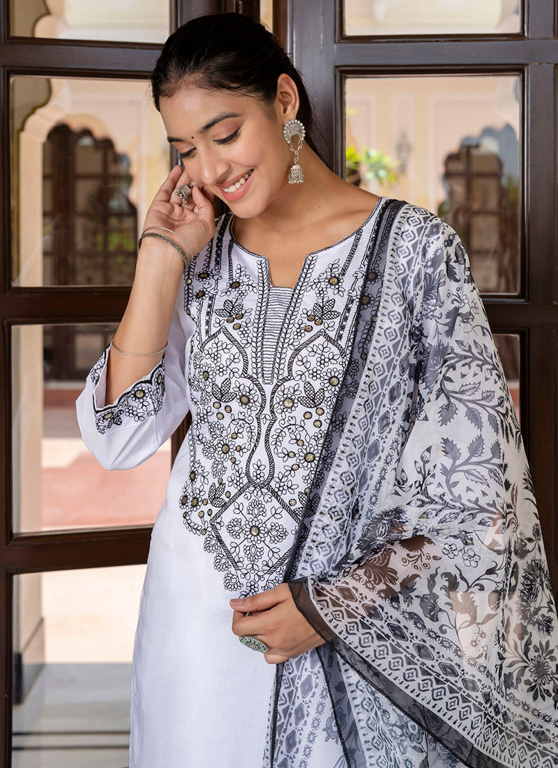 Vellora Silk Blend White Casual Wear Embroidery Work Readymade Salwar Suit - Distacart