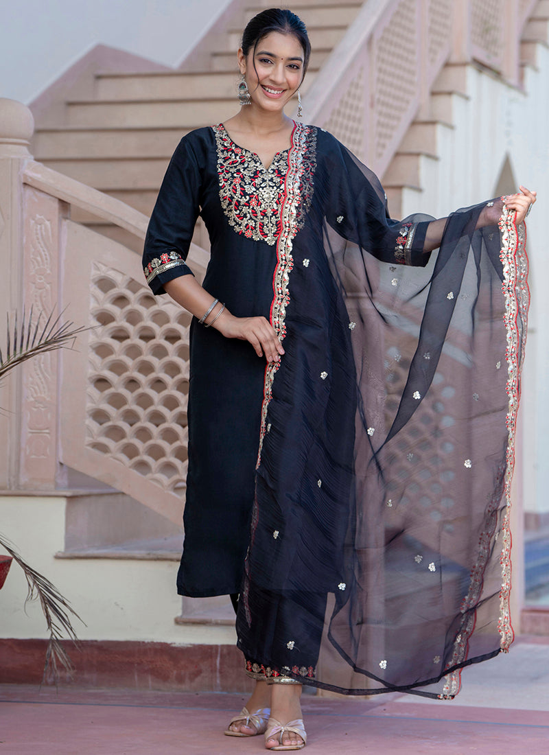 Vellora Silk Blend Black Casual Wear Embroidery Work Readymade Salwar Suit - Distacart