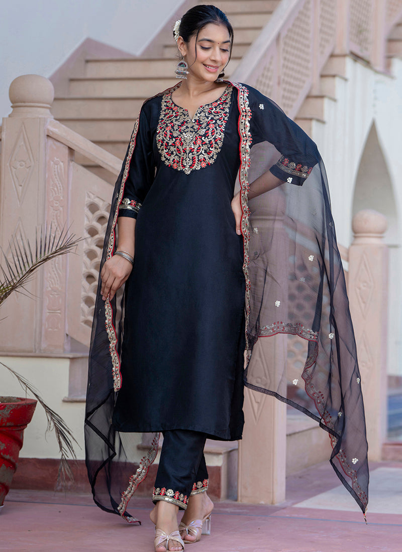 Vellora Silk Blend Black Casual Wear Embroidery Work Readymade Salwar Suit - Distacart