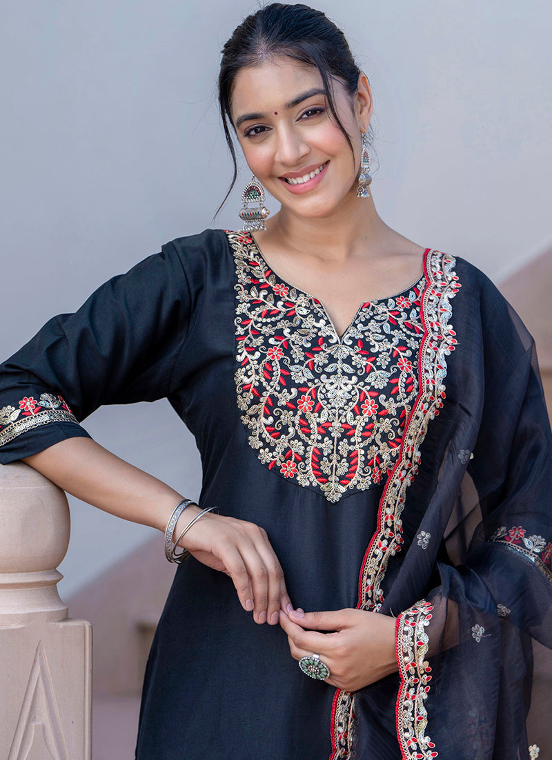 Vellora Silk Blend Black Casual Wear Embroidery Work Readymade Salwar Suit - Distacart