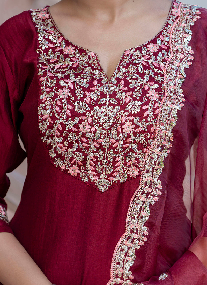 Vellora Silk Blend Maroon Casual Wear Embroidery Work Readymade Salwar Suit - Distacart