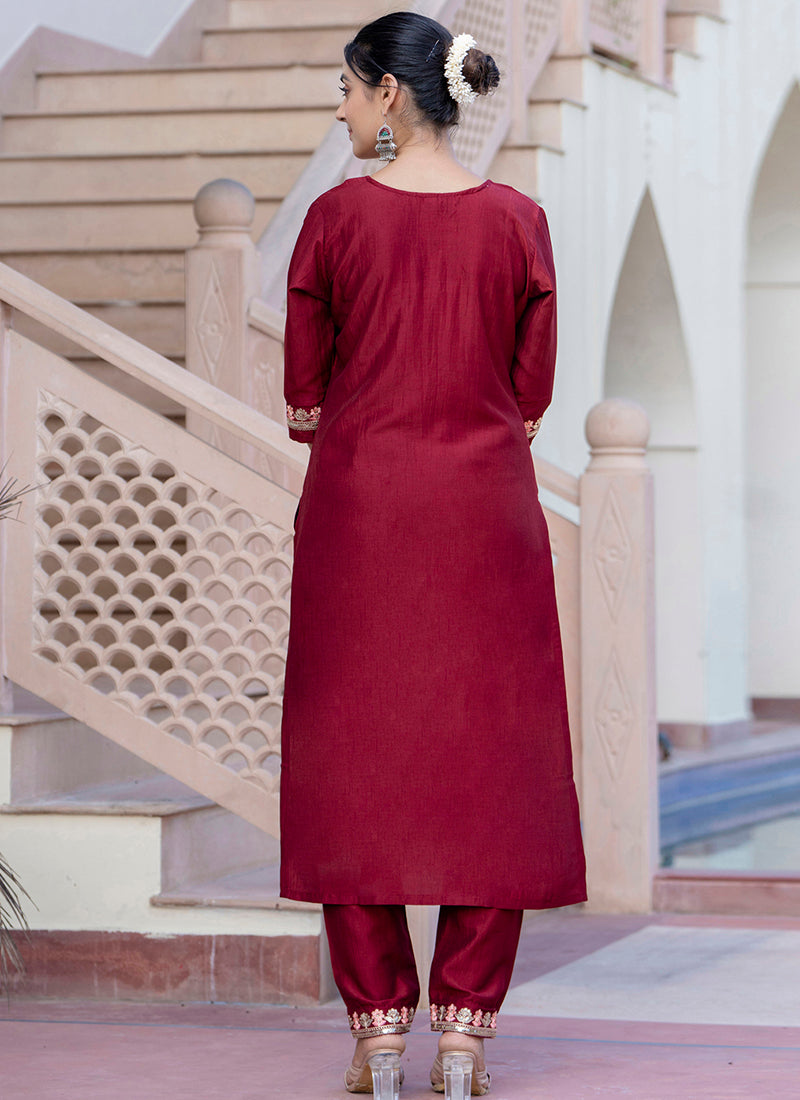 Vellora Silk Blend Maroon Casual Wear Embroidery Work Readymade Salwar Suit - Distacart