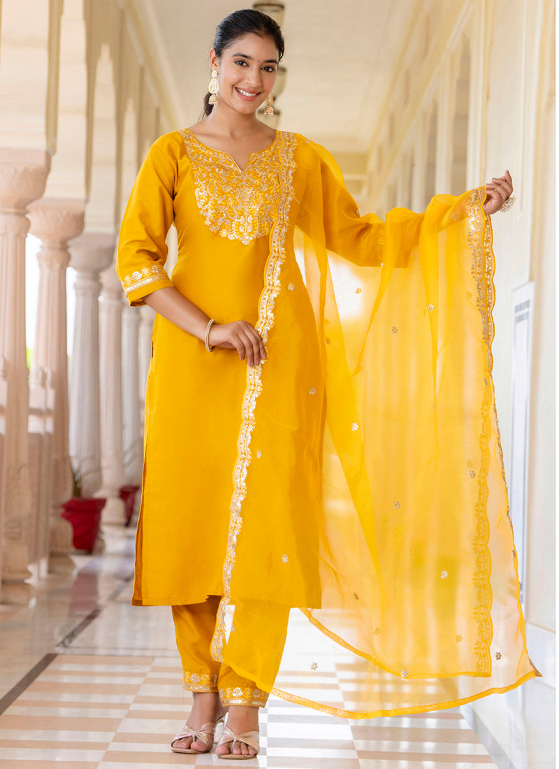 Vellora Silk Blend Mustard Casual Wear Embroidery Work Readymade Salwar Suit - Distacart