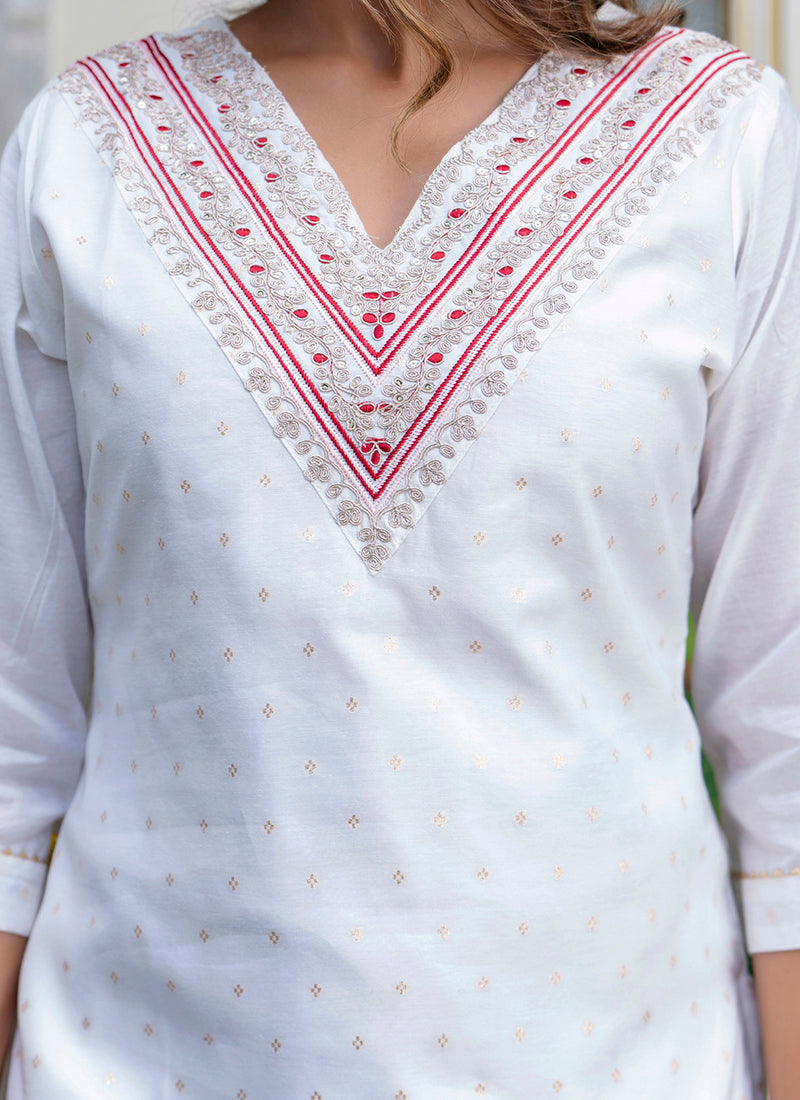 Vellora Chanderi Silk White Casual Wear Embroidery Work Readymade Salwar Suit - Distacart