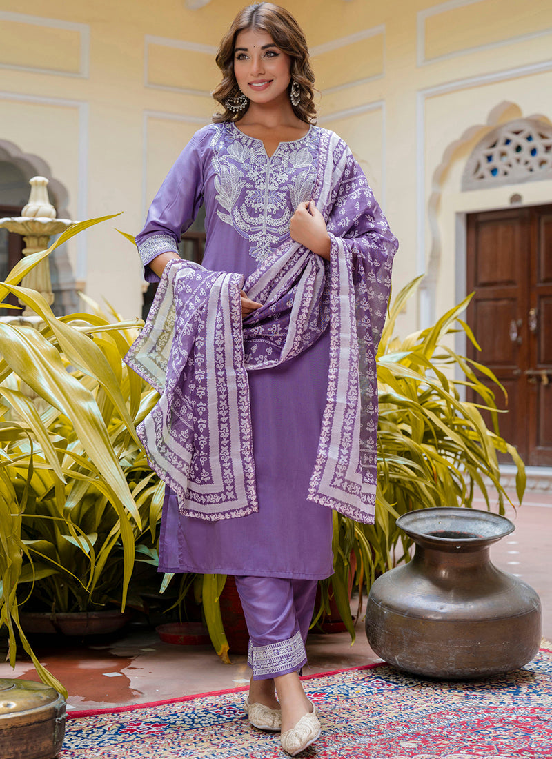 Vellora Silk Blend Lavender Casual Wear Embroidery Work Readymade Salwar Suit - Distacart