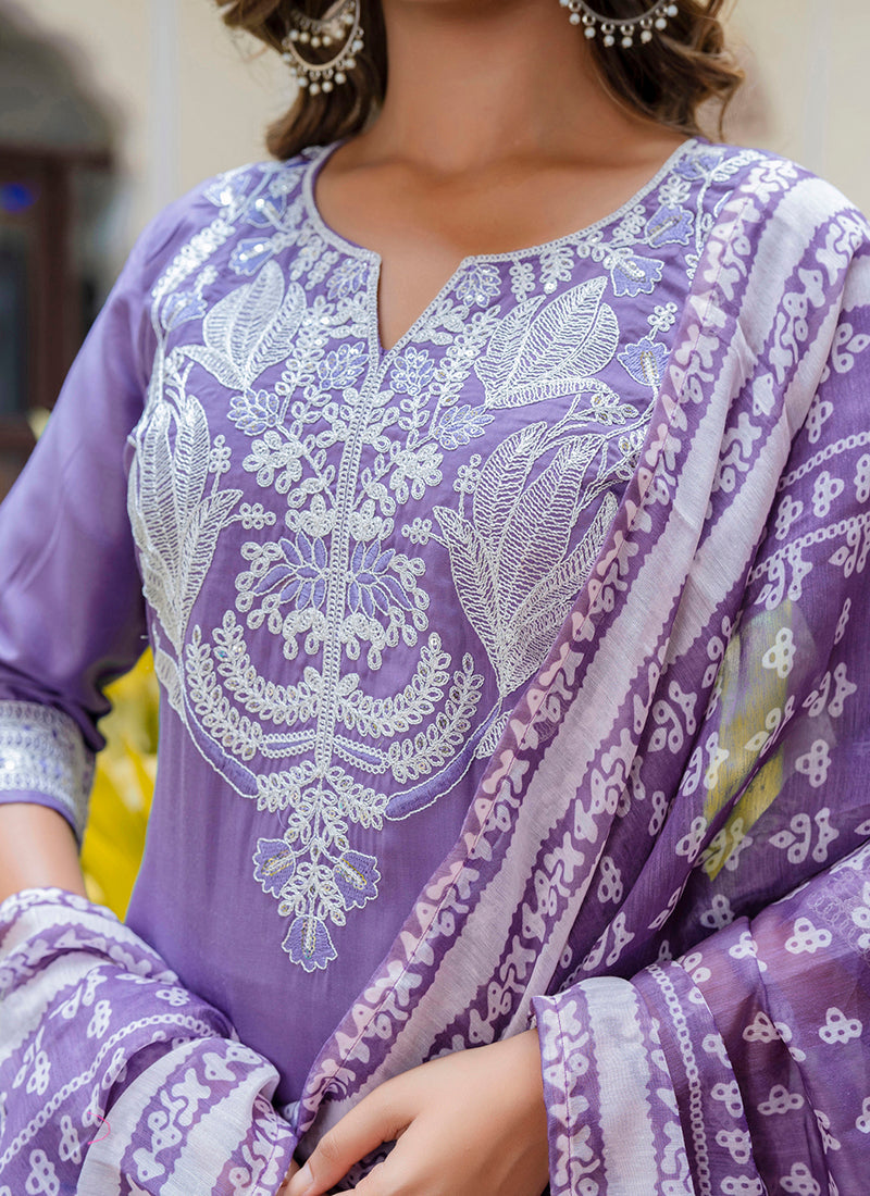 Vellora Silk Blend Lavender Casual Wear Embroidery Work Readymade Salwar Suit - Distacart