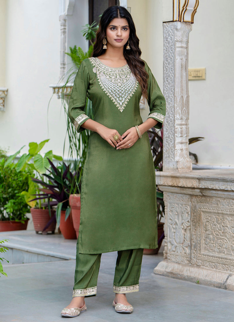Vellora Silk Blend Olive Green Casual Wear Embroidery Work Readymade Salwar Suit - Distacart