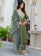 Vellora Silk Blend Olive Green Casual Wear Embroidery Work Readymade Salwar Suit - Distacart