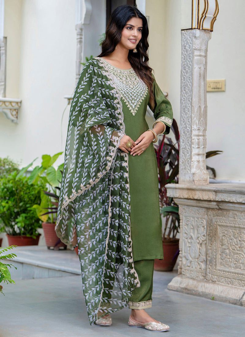 Vellora Silk Blend Olive Green Casual Wear Embroidery Work Readymade Salwar Suit - Distacart