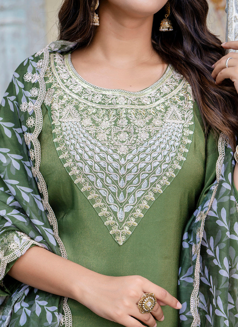 Vellora Silk Blend Olive Green Casual Wear Embroidery Work Readymade Salwar Suit - Distacart