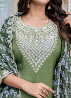 Vellora Silk Blend Olive Green Casual Wear Embroidery Work Readymade Salwar Suit - Distacart