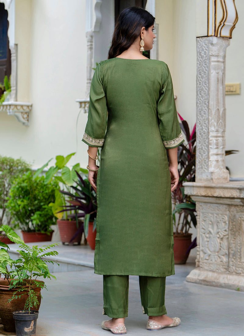 Vellora Silk Blend Olive Green Casual Wear Embroidery Work Readymade Salwar Suit - Distacart