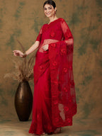 Sangria Red Floral Embroidered Saree - Distacart
