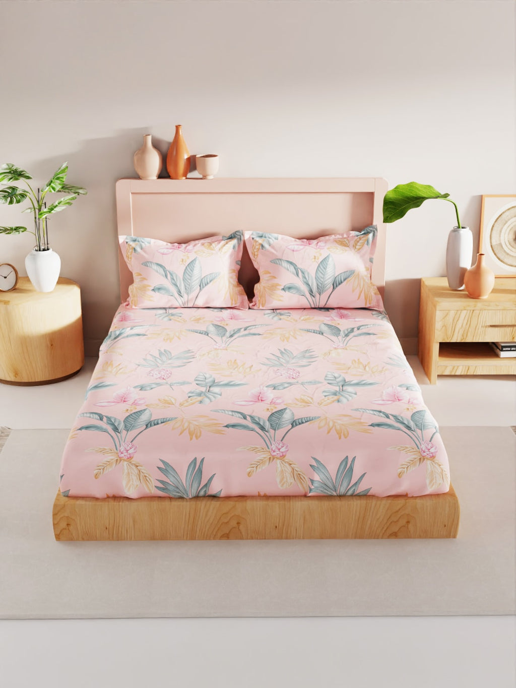 BIANCA Coral & Orange Floral 186 TC King Bedsheet with 2 Pillow Covers