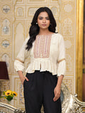 Juniper Women's Ivory Ethnic Motif Printed Liva Rayon Top With Zari Thread Work & Buttons