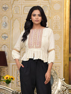 Juniper Women's Ivory Ethnic Motif Printed Liva Rayon Top With Zari Thread Work & Buttons