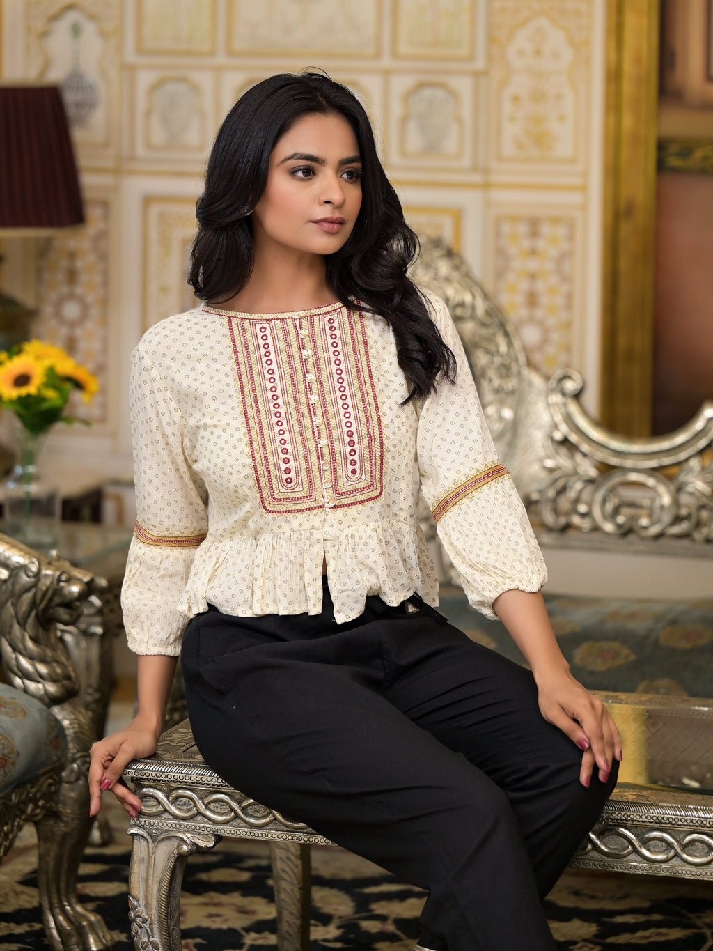 Juniper Women's Ivory Ethnic Motif Printed Liva Rayon Top With Zari Thread Work & Buttons
