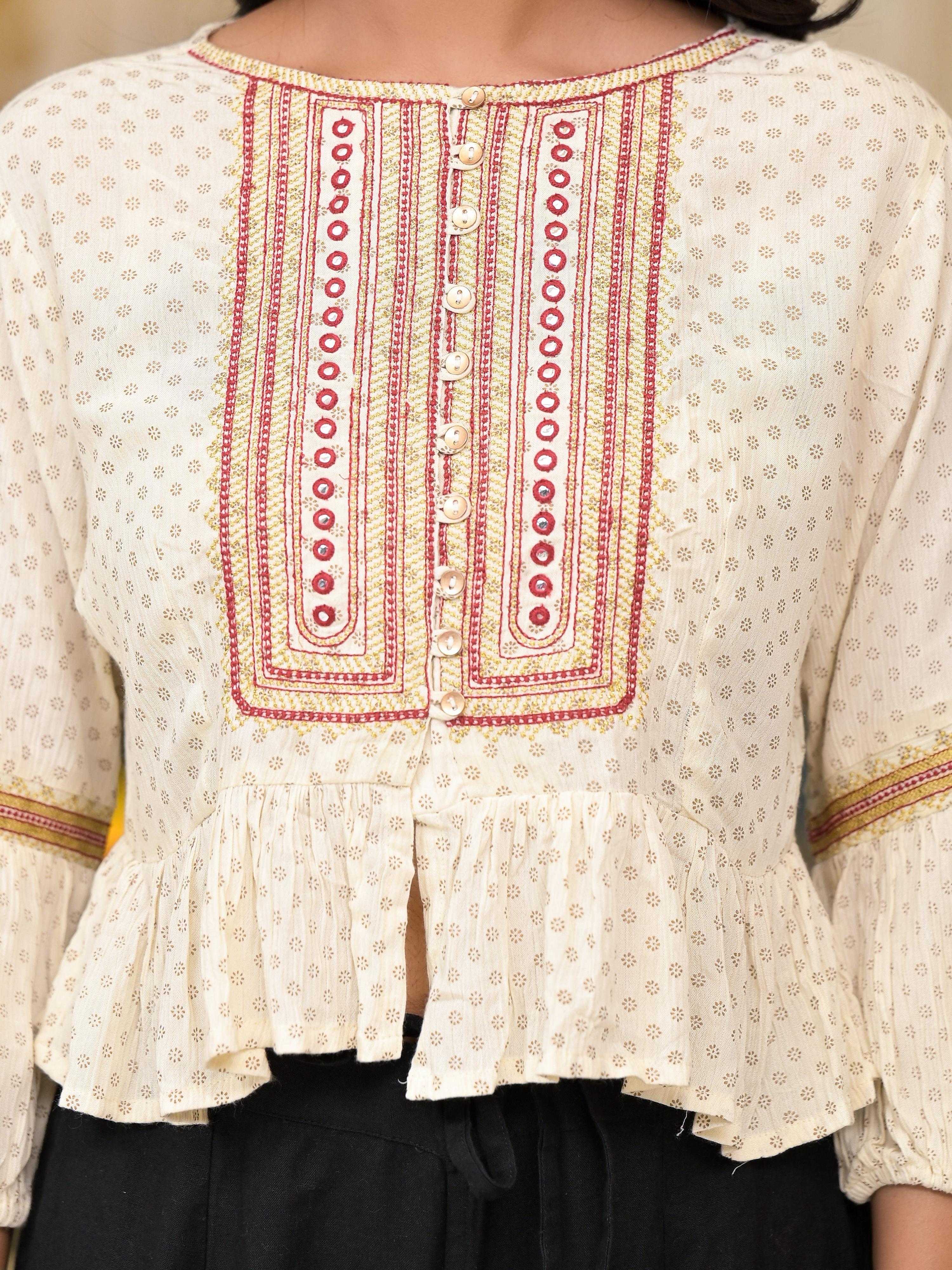 Juniper Women's Ivory Ethnic Motif Printed Liva Rayon Top With Zari Thread Work & Buttons