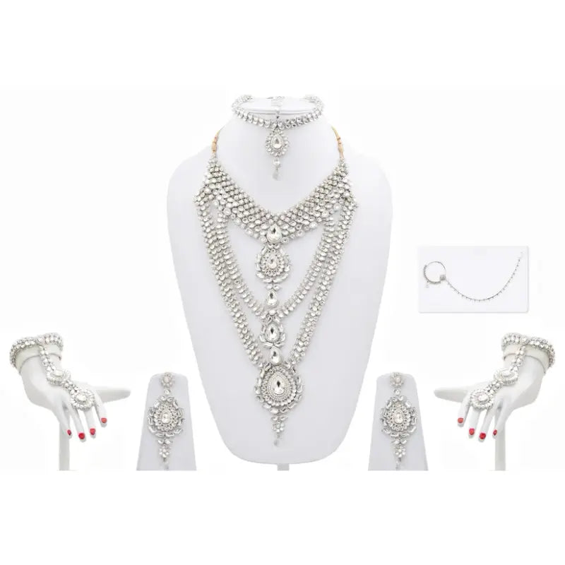 Tehzeeb Creations Platinum Plated Silver Polish Dulhan Bridal Jewelry Set 8 Pcs