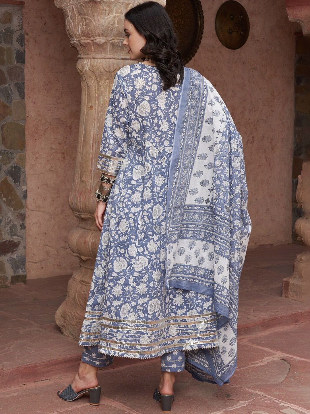 Sangria Blue Printed Thread Work Pure Cotton Empire A-Line Kurta with Trousers & Dupatta