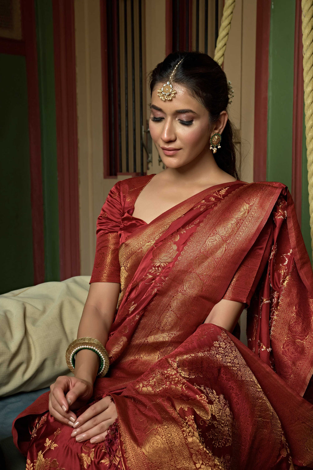 Vardha Ruby Red Golden Zari Banarasi Satin Silk Saree
