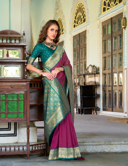 Anaita Wine Soft Silk Zari Weaving Saree With Blouse Piece