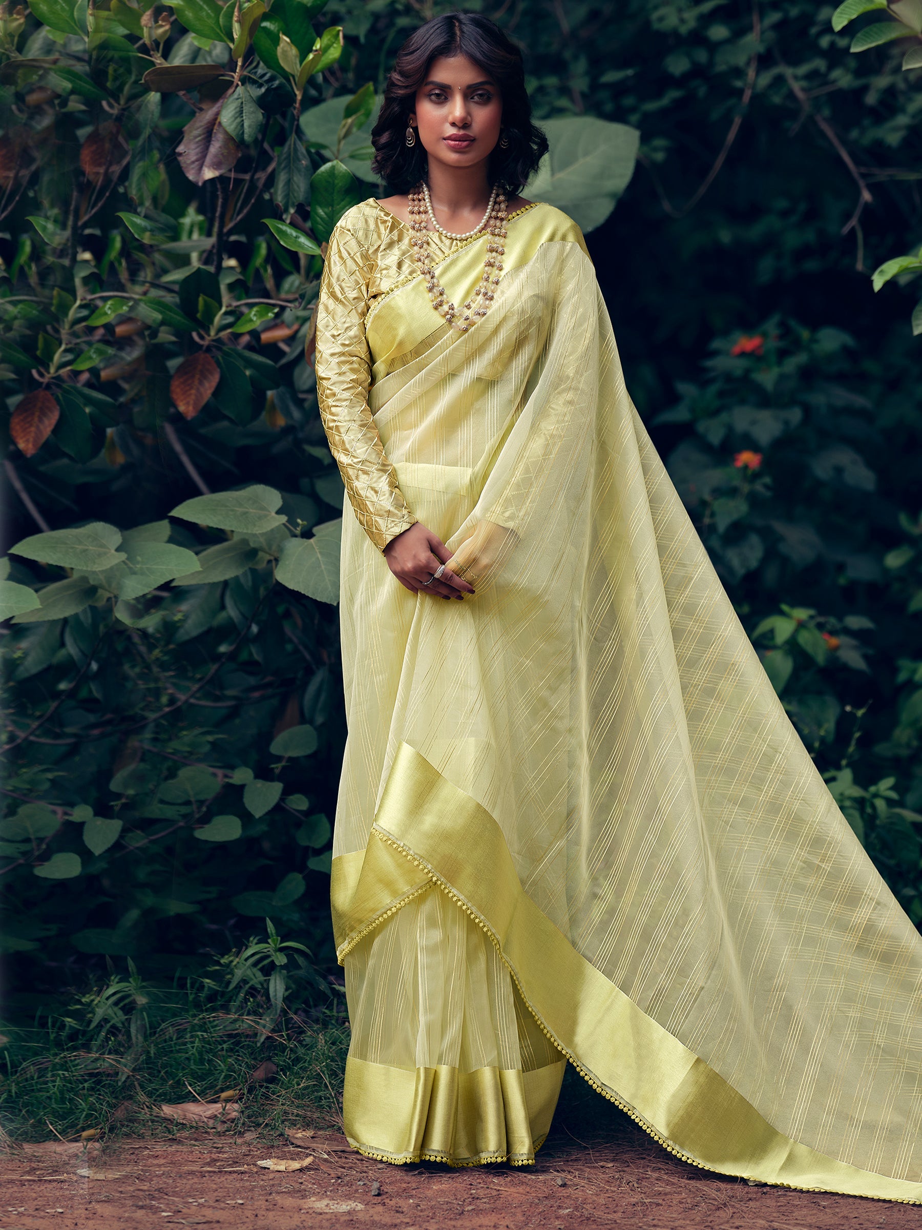 Stylee Lifestyle Green Organza Woven Saree - Distacart